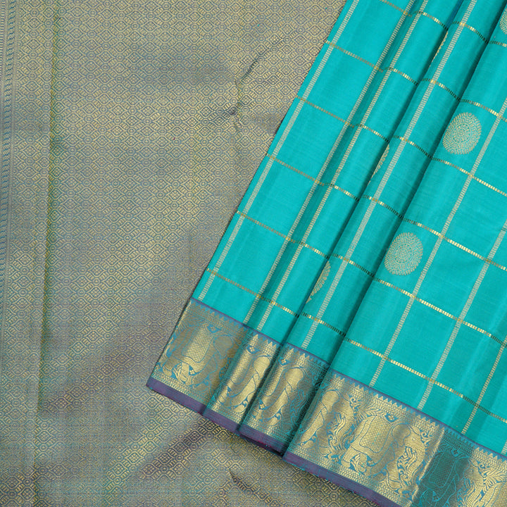 Hayagrivas Sea Blue Handloom Kanjivaram Silk Saree with Purple Border KBE16D9-1