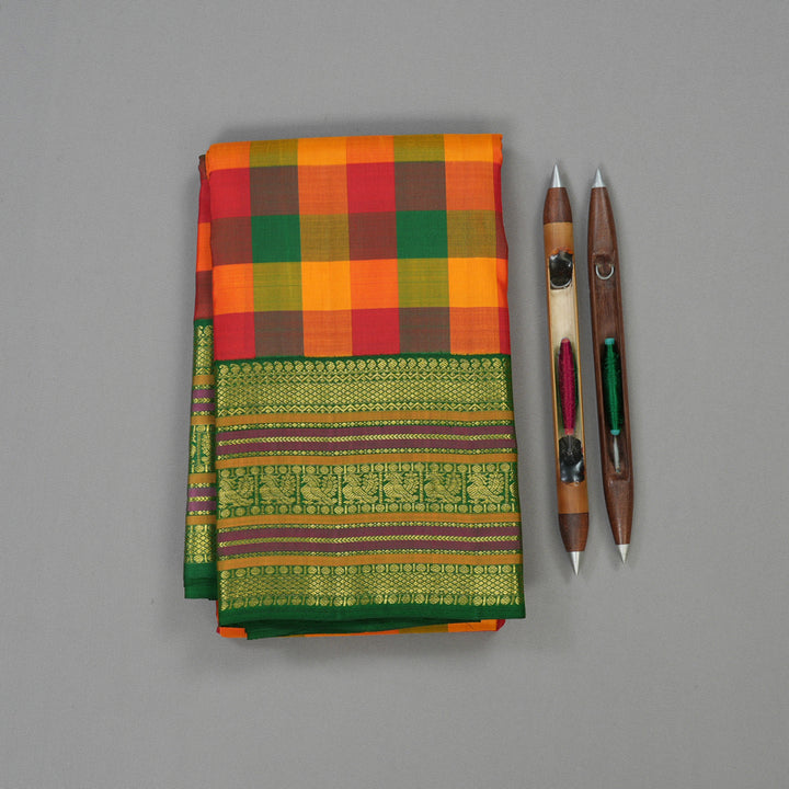 Hayagrivas Handloom Multicolour Checks Kanjivaram Silk Saree with Dark Green border KBE1700K1-1