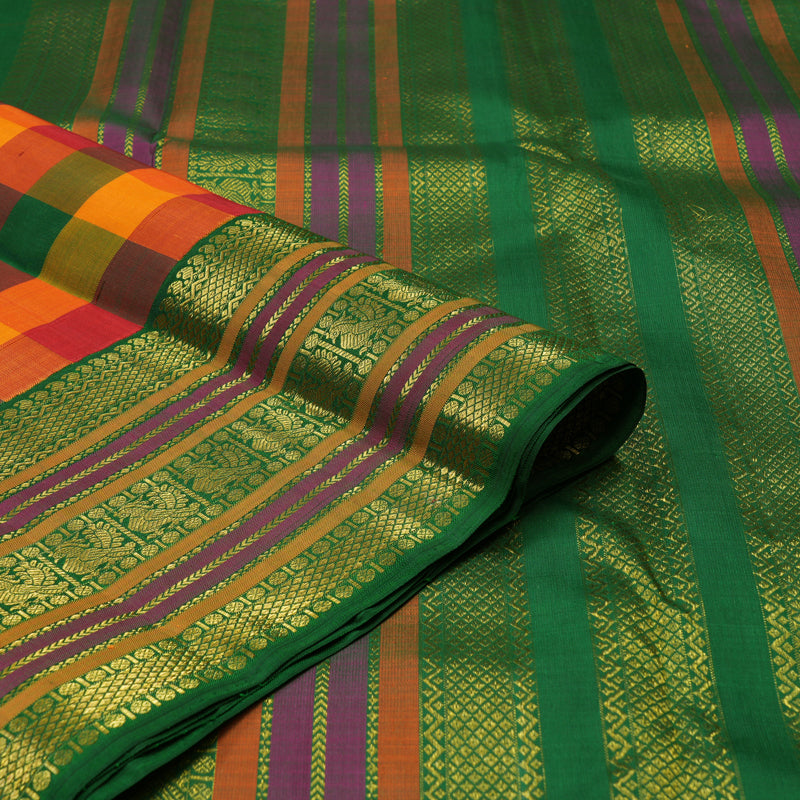 Hayagrivas Handloom Multicolour Checks Kanjivaram Silk Saree with Dark Green border KBE1700K1-1
