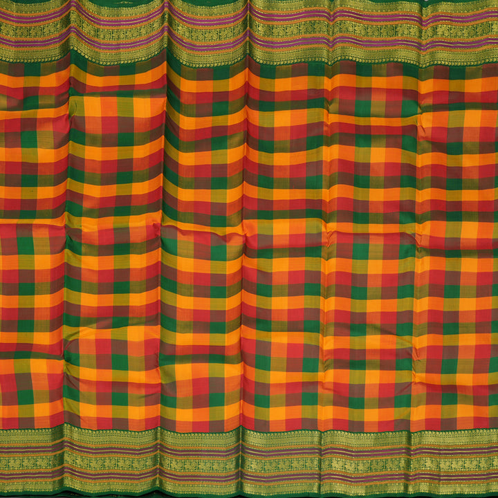 Hayagrivas Handloom Multicolour Checks Kanjivaram Silk Saree with Dark Green border KBE1700K1-1