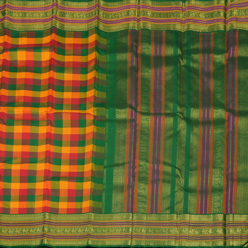 Hayagrivas Handloom Multicolour Checks Kanjivaram Silk Saree with Dark Green border KBE1700K1-1