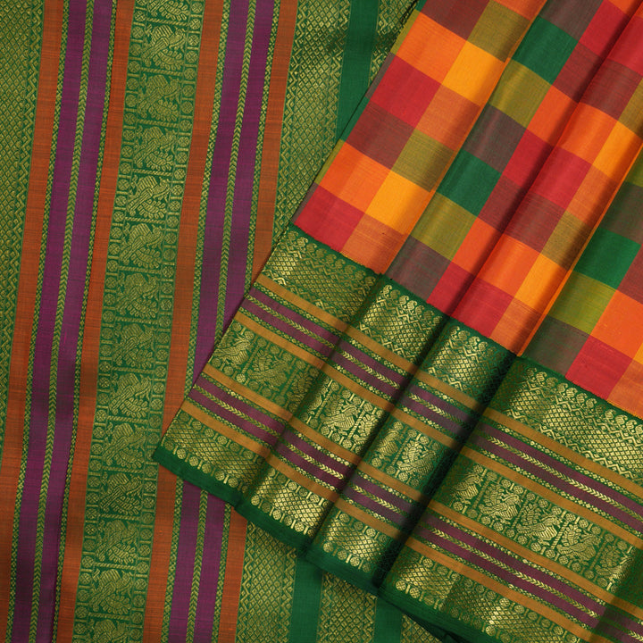 Hayagrivas Handloom Multicolour Checks Kanjivaram Silk Saree with Dark Green border KBE1700K1-1
