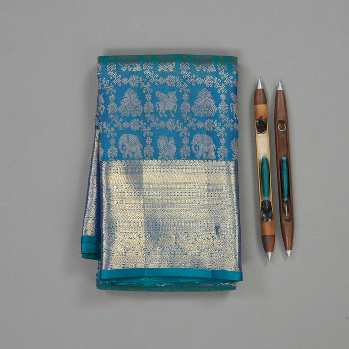 Hayagrivas Handloom Peacock Blue Kanjivaram Silk Saree KBE1704K3-5