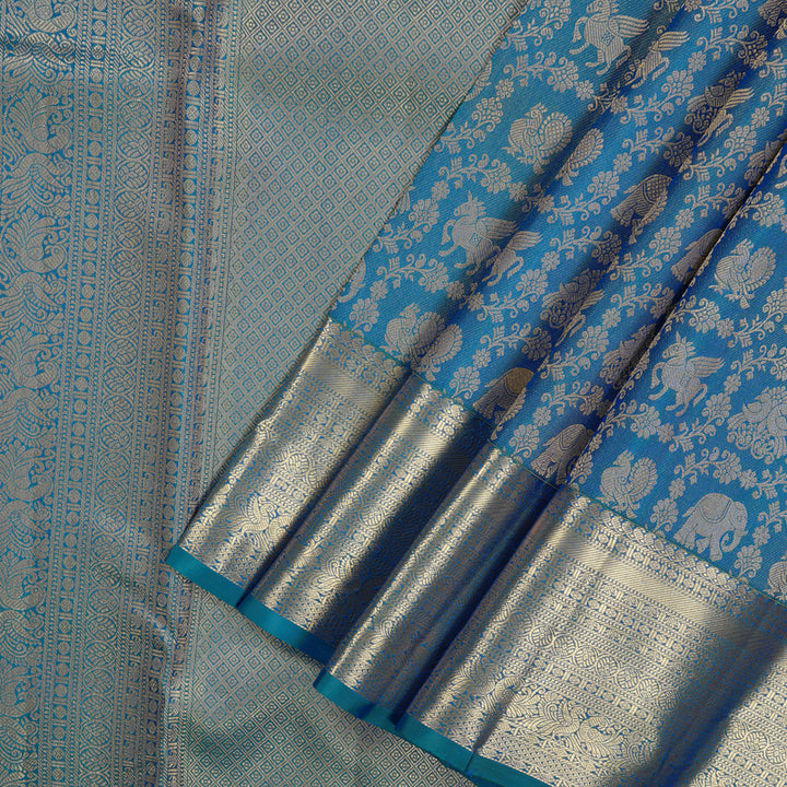 Hayagrivas Handloom Peacock Blue Kanjivaram Silk Saree KBE1704K3-5