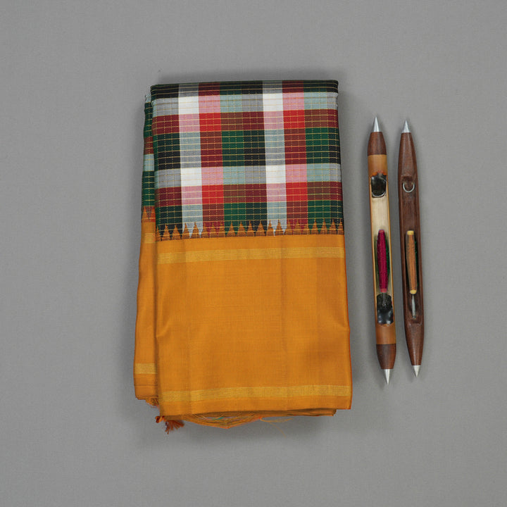Hayagrivas Handloom Multicolour Checks Kanjivaram Silk Saree with Kilangu Manjal border KBE1707K11-1