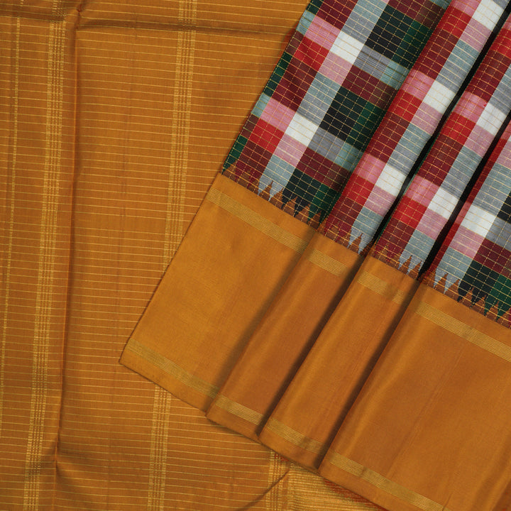 Hayagrivas Handloom Multicolour Checks Kanjivaram Silk Saree with Kilangu Manjal border KBE1707K11-1