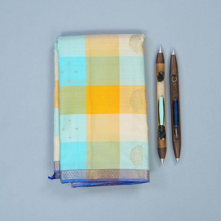 Hayagrivas Handloom Multicolour Checks Kanjivaram Silk Saree with Peacock Blue Border KBE1707K6-1