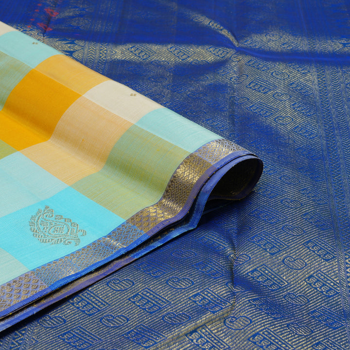 Hayagrivas Handloom Multicolour Checks Kanjivaram Silk Saree with Peacock Blue Border KBE1707K6-1