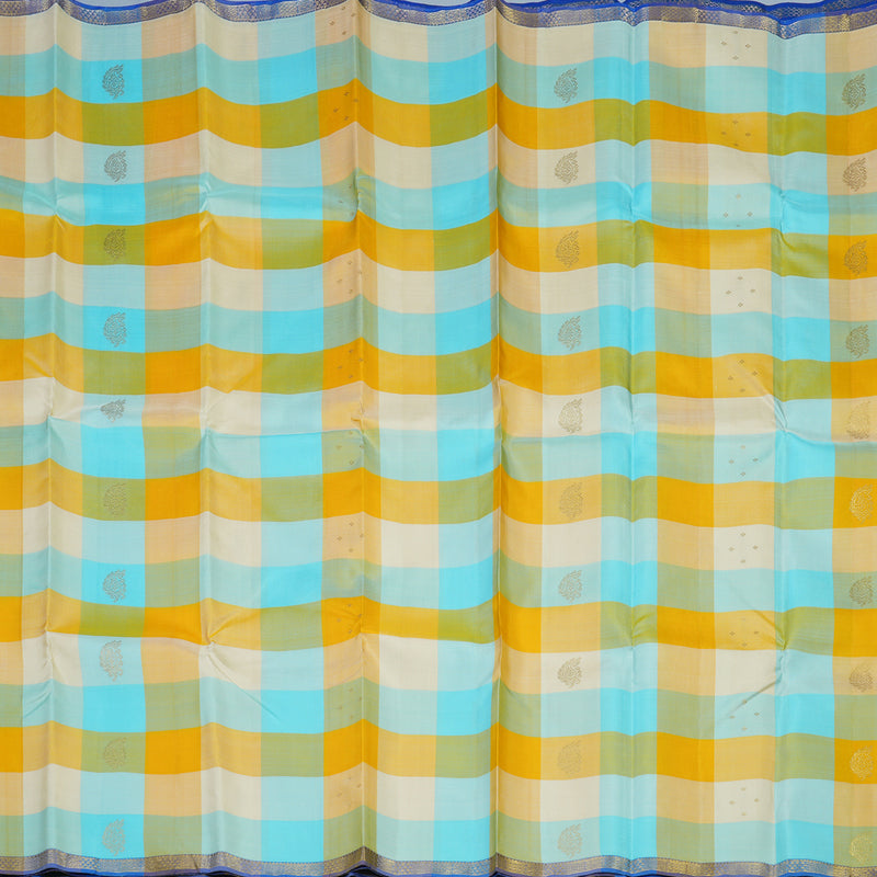 Hayagrivas Handloom Multicolour Checks Kanjivaram Silk Saree with Peacock Blue Border KBE1707K6-1