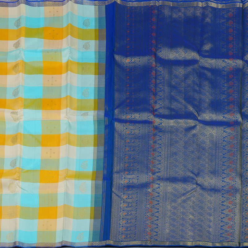 Hayagrivas Handloom Multicolour Checks Kanjivaram Silk Saree with Peacock Blue Border KBE1707K6-1