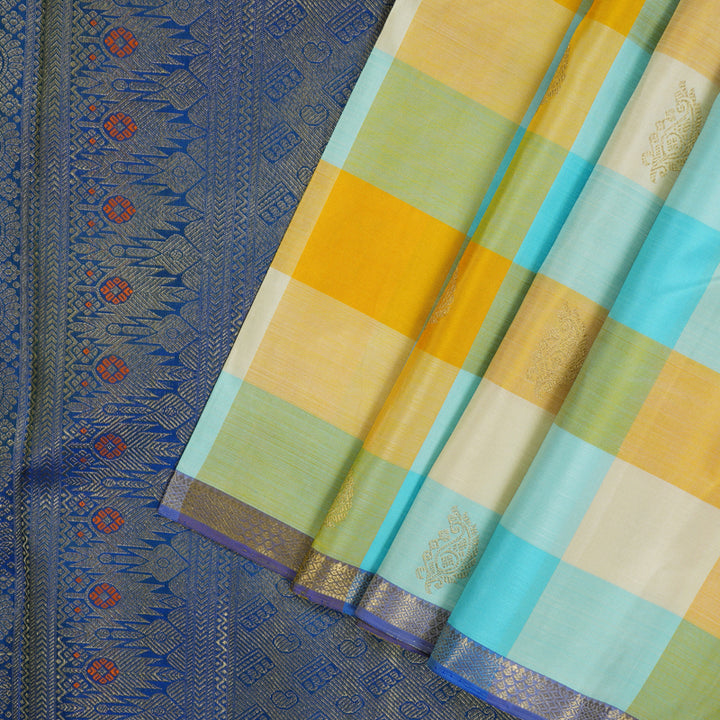 Hayagrivas Handloom Multicolour Checks Kanjivaram Silk Saree with Peacock Blue Border KBE1707K6-1