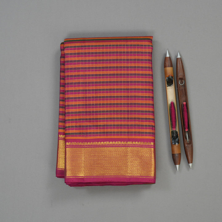 Hayagrivas Handloom Multicolour Checks Kanjivaram Silk Saree with Deep Pink Border KBE1721K2-1