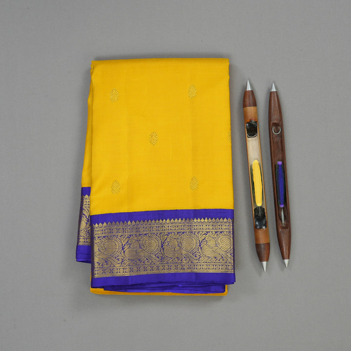 Hayagrivas Handloom Yellow Kanjivaram Silk Saree with Purplish Blue border KBE1721K6-2
