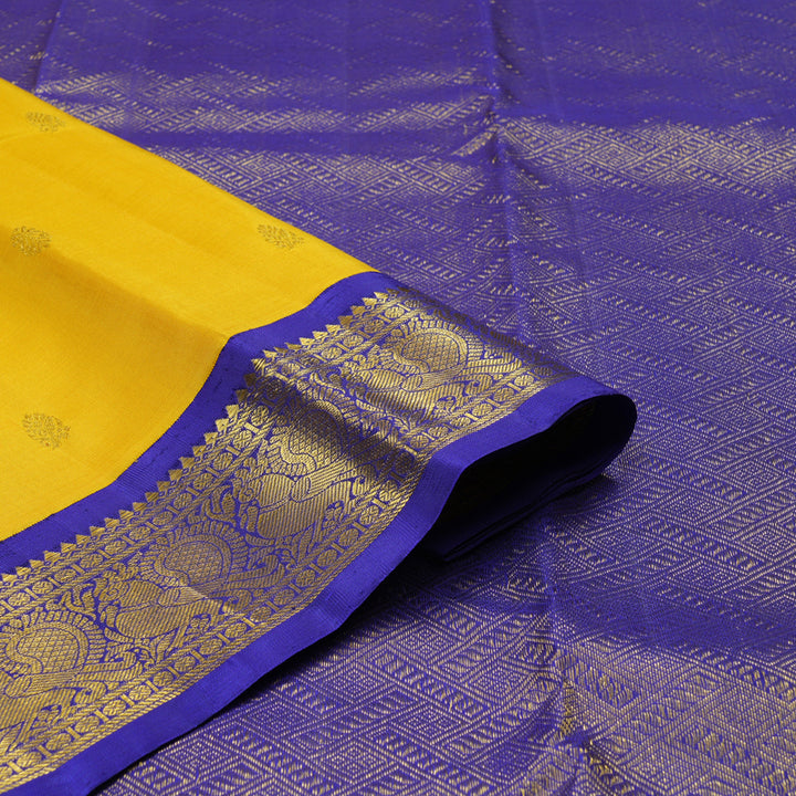 Hayagrivas Handloom Yellow Kanjivaram Silk Saree with Purplish Blue border KBE1721K6-2