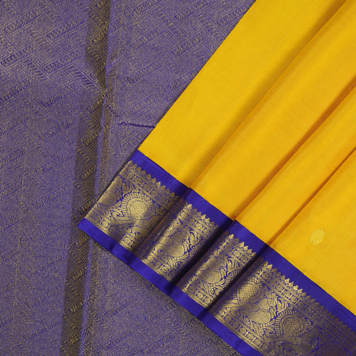 Hayagrivas Handloom Yellow Kanjivaram Silk Saree with Purplish Blue border KBE1721K6-2