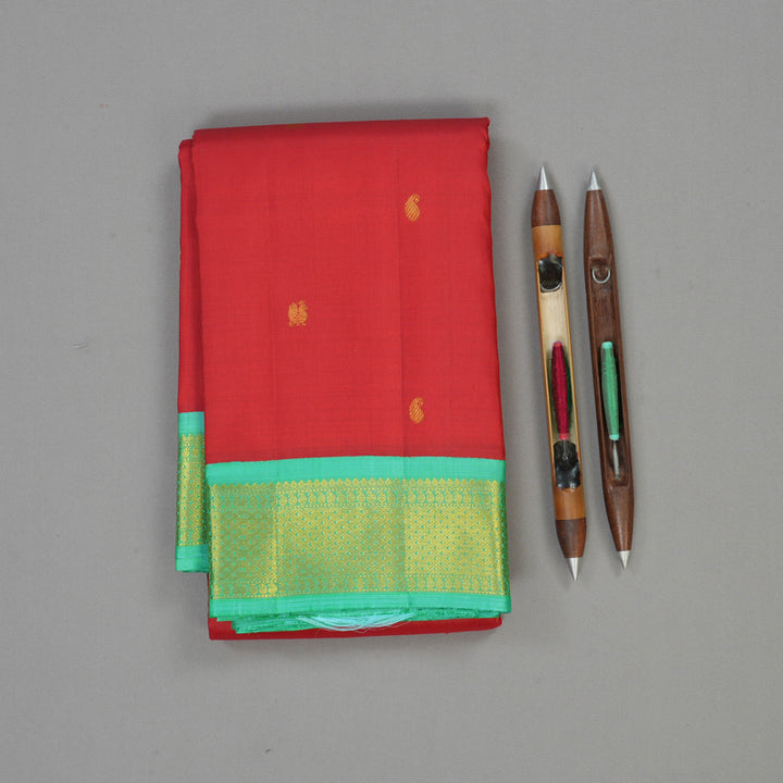 Hayagrivas Handloom Red Kanjivaram Silk Saree with Bright Teal border KBE1721K6-3