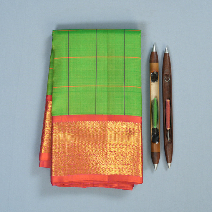 Hayagrivas Handloom Parrot Green Kanjivaram Silk Saree with Orangish-Pink Border KBE1721K7-3