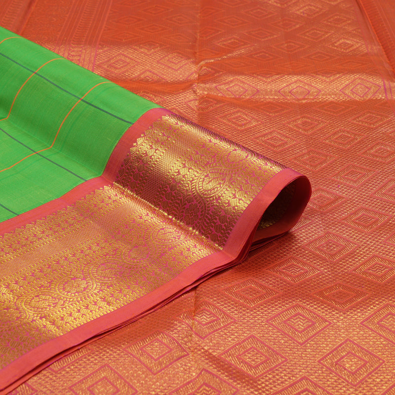 Hayagrivas Handloom Parrot Green Kanjivaram Silk Saree with Orangish-Pink Border KBE1721K7-3