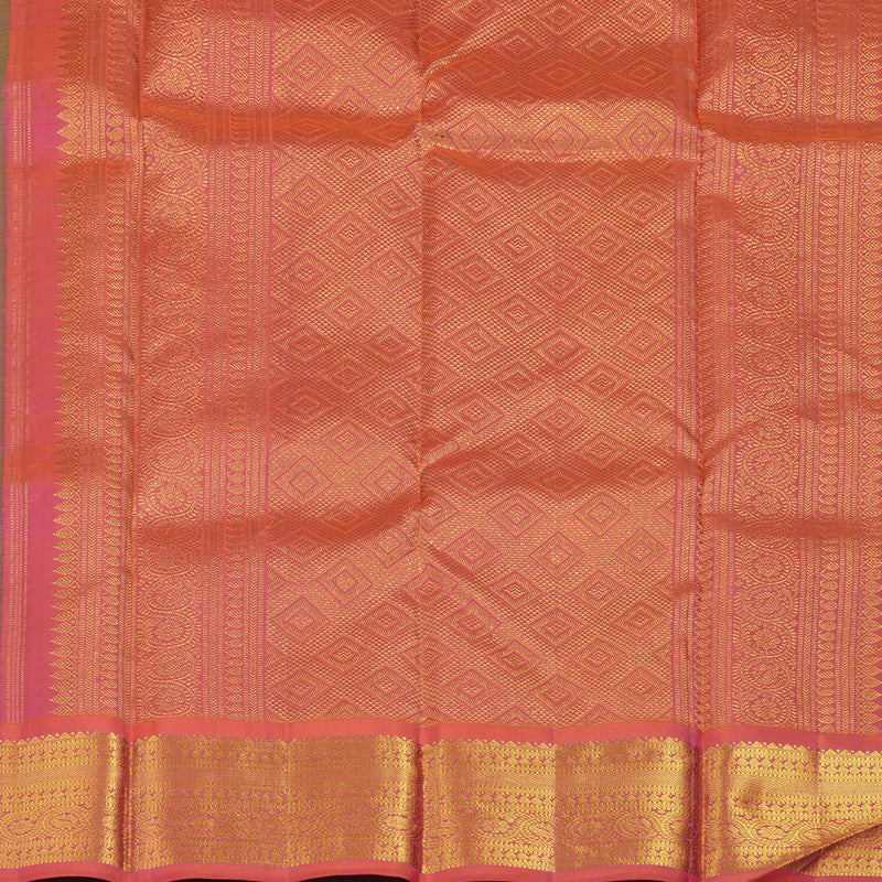 Hayagrivas Handloom Parrot Green Kanjivaram Silk Saree with Orangish-Pink Border KBE1721K7-3