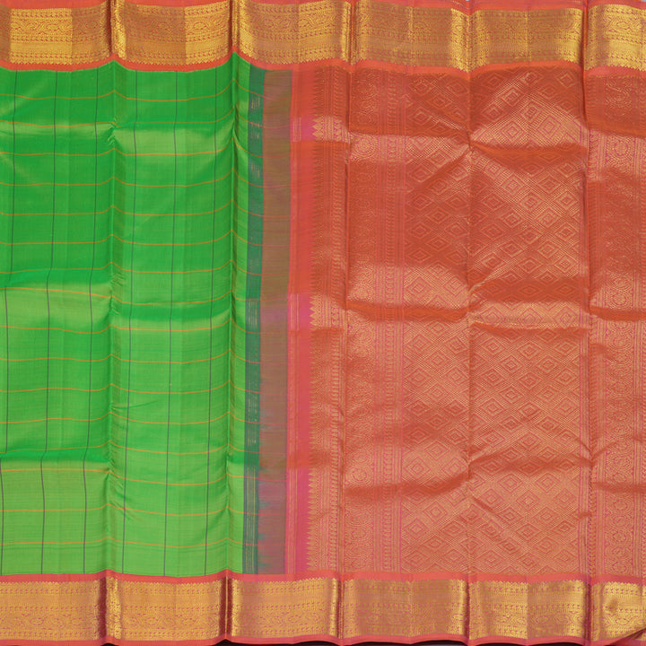 Hayagrivas Handloom Parrot Green Kanjivaram Silk Saree with Orangish-Pink Border KBE1721K7-3