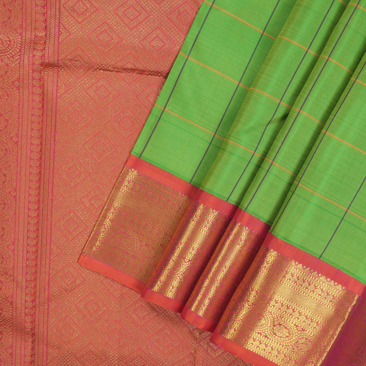 Hayagrivas Handloom Parrot Green Kanjivaram Silk Saree with Orangish-Pink Border KBE1721K7-3