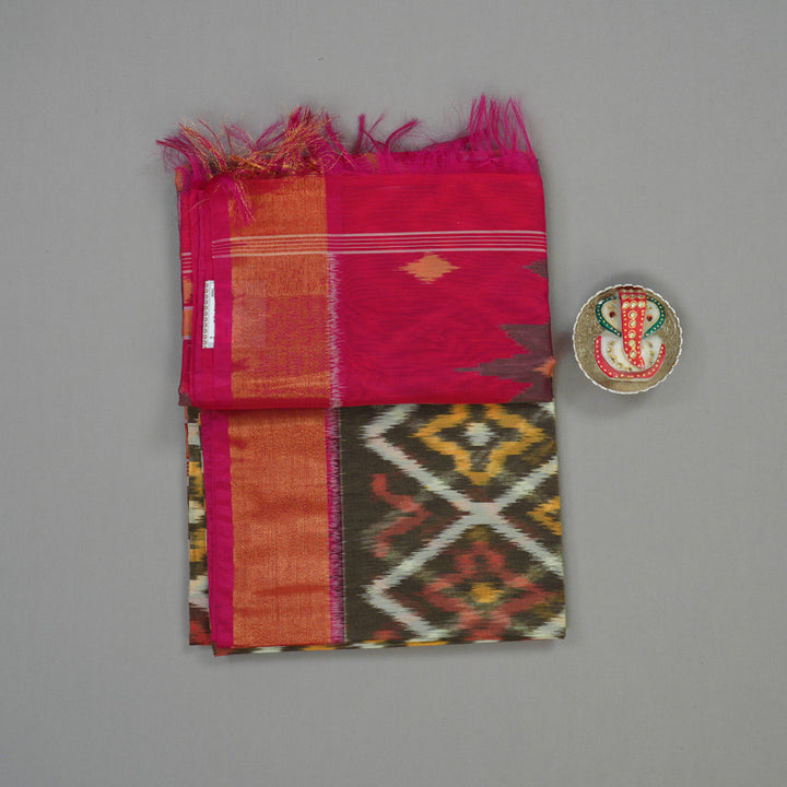 Hayagrivas Mehandi Green Ikkat Silk Cotton Saree with Pink Border KBE1722K5-1