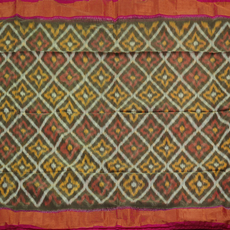 Hayagrivas Mehandi Green Ikkat Silk Cotton Saree with Pink Border KBE1722K5-1