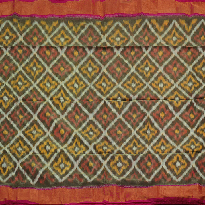 Hayagrivas Mehandi Green Ikkat Silk Cotton Saree with Pink Border KBE1722K5-1