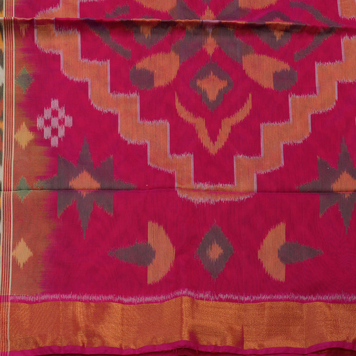 Hayagrivas Mehandi Green Ikkat Silk Cotton Saree with Pink Border KBE1722K5-1