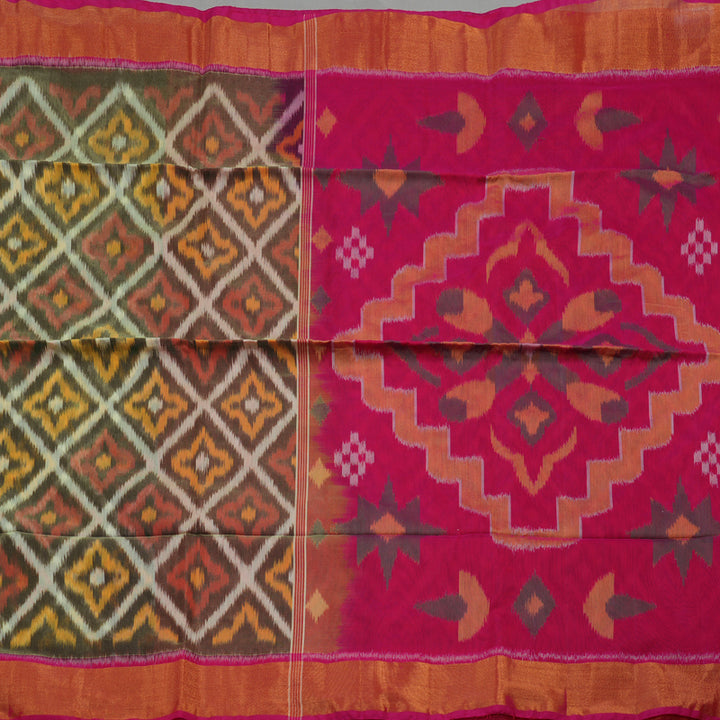 Hayagrivas Mehandi Green Ikkat Silk Cotton Saree with Pink Border KBE1722K5-1