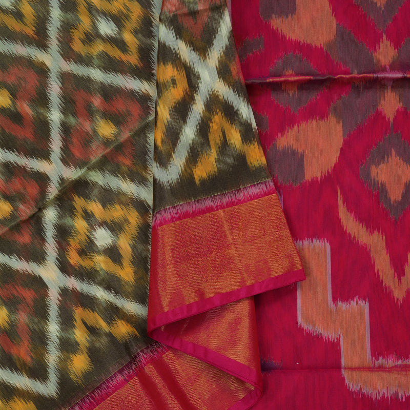 Hayagrivas Mehandi Green Ikkat Silk Cotton Saree with Pink Border KBE1722K5-1