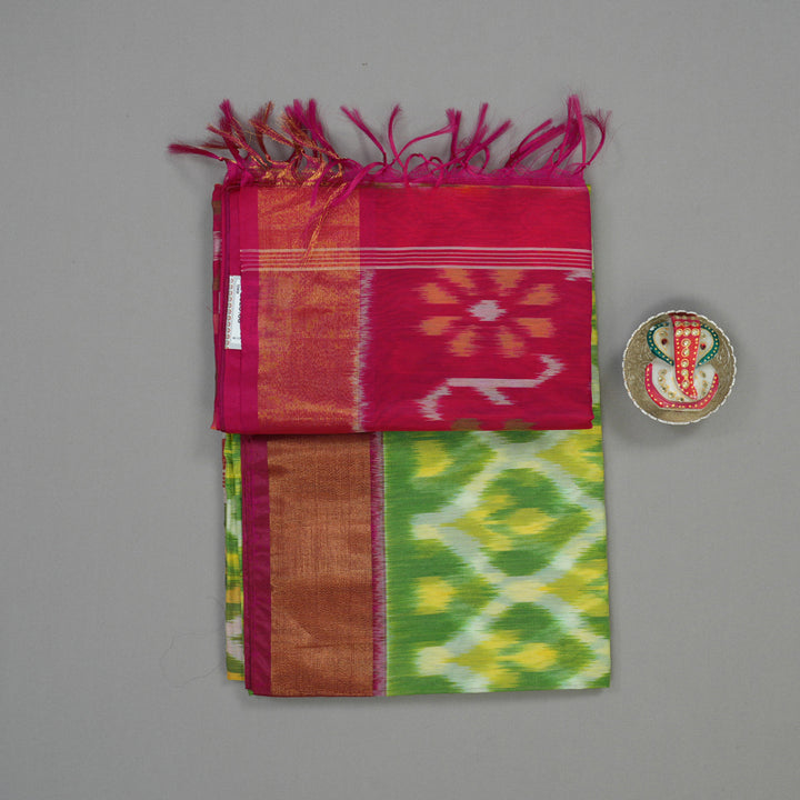 Hayagrivas Green Ikkat Silk Cotton Saree with Magenta border KBE1722K5-2