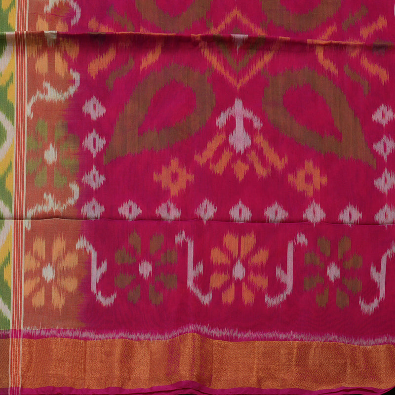 Hayagrivas Green Ikkat Silk Cotton Saree with Magenta border KBE1722K5-2