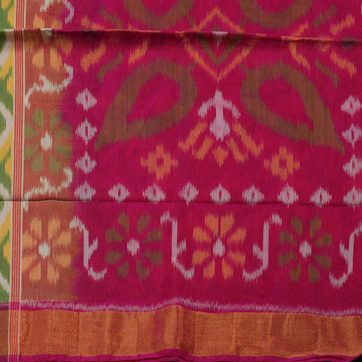 Hayagrivas Green Ikkat Silk Cotton Saree with Magenta border KBE1722K5-2