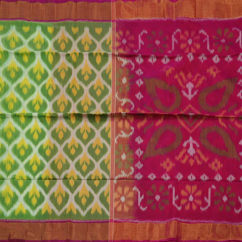 Hayagrivas Green Ikkat Silk Cotton Saree with Magenta border KBE1722K5-2
