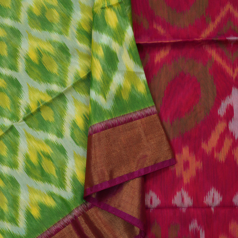Hayagrivas Green Ikkat Silk Cotton Saree with Magenta border KBE1722K5-2