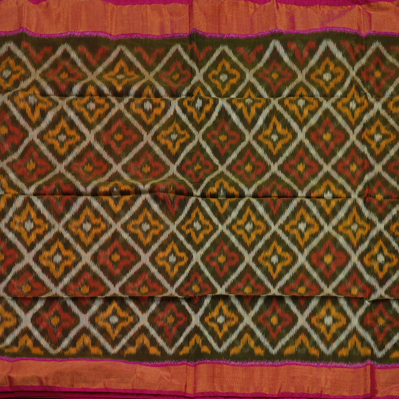 Hayagrivas Deep Mehandi Green Ikkat Silk Cotton Saree with Pink border KBE1722K5-3