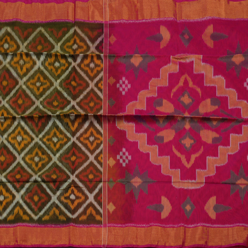 Hayagrivas Deep Mehandi Green Ikkat Silk Cotton Saree with Pink border KBE1722K5-3