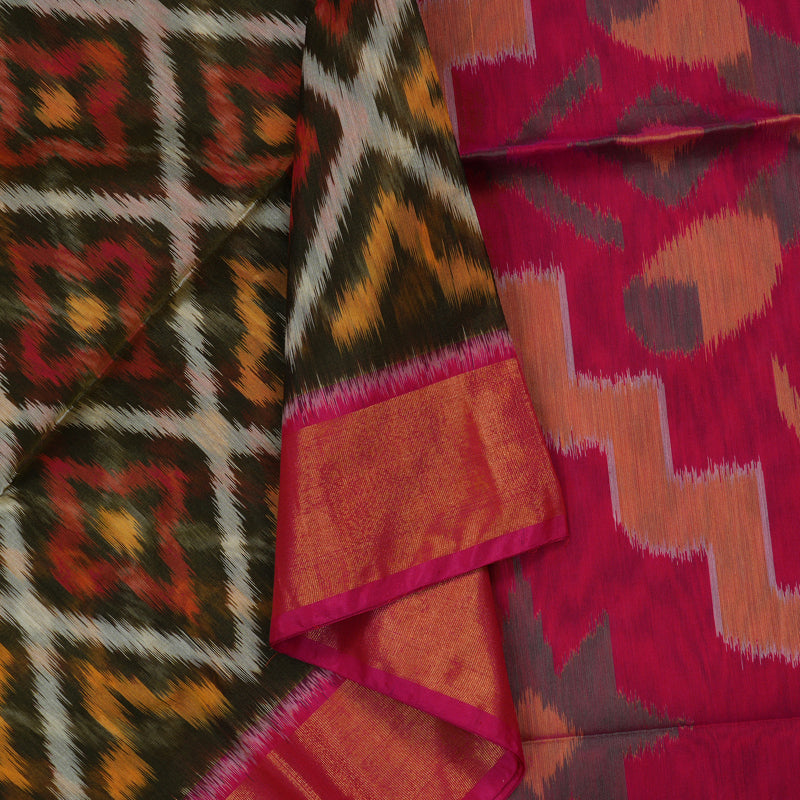 Hayagrivas Deep Mehandi Green Ikkat Silk Cotton Saree with Pink border KBE1722K5-3