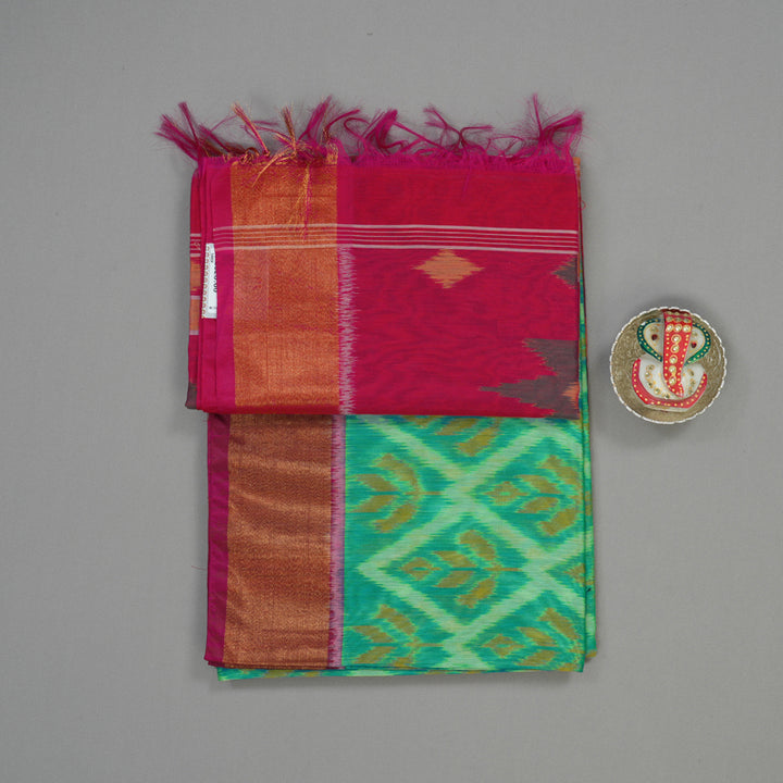 Hayagrivas Blue-Green Ikkat Silk Cotton Saree with Pink border KBE1722K5-5