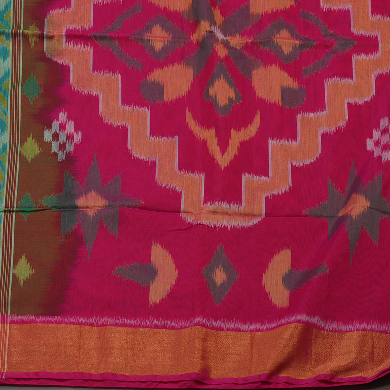 Hayagrivas Blue-Green Ikkat Silk Cotton Saree with Pink border KBE1722K5-5