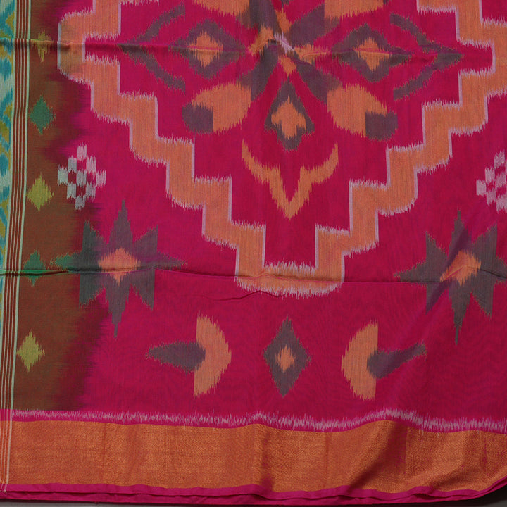 Hayagrivas Blue-Green Ikkat Silk Cotton Saree with Pink border KBE1722K5-5