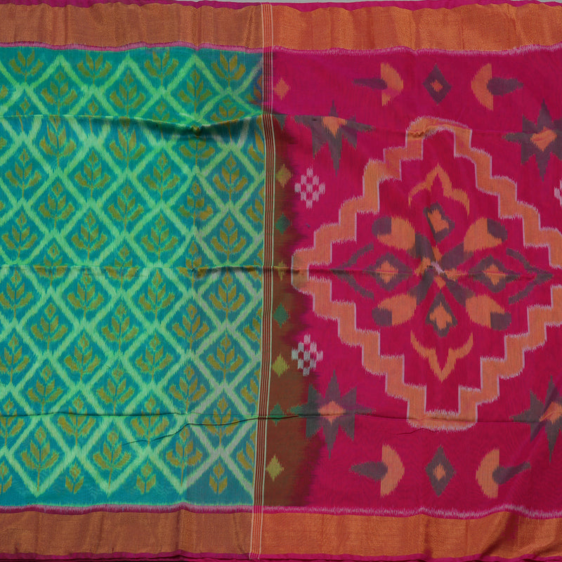 Hayagrivas Blue-Green Ikkat Silk Cotton Saree with Pink border KBE1722K5-5