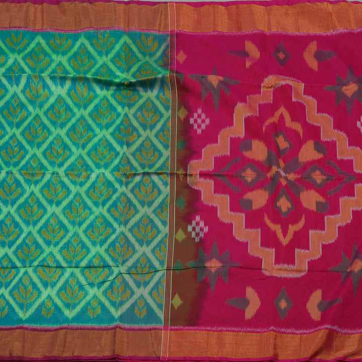 Hayagrivas Blue-Green Ikkat Silk Cotton Saree with Pink border KBE1722K5-5