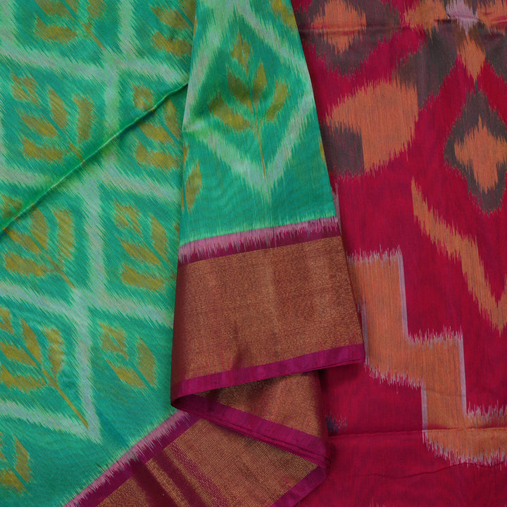 Hayagrivas Blue-Green Ikkat Silk Cotton Saree with Pink border KBE1722K5-5