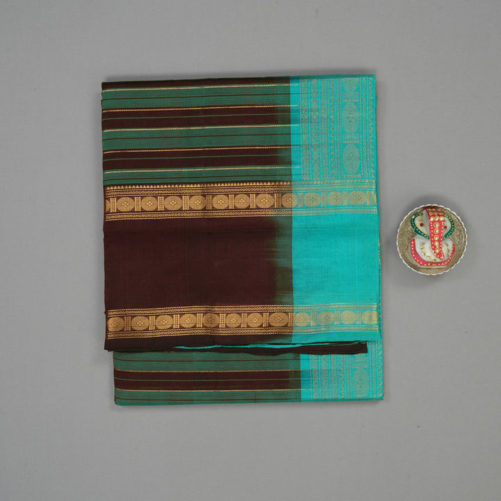 Hayagrivas Deep Brown & Teal stripes Pure Silk Cotton Saree KBE1723K9-5