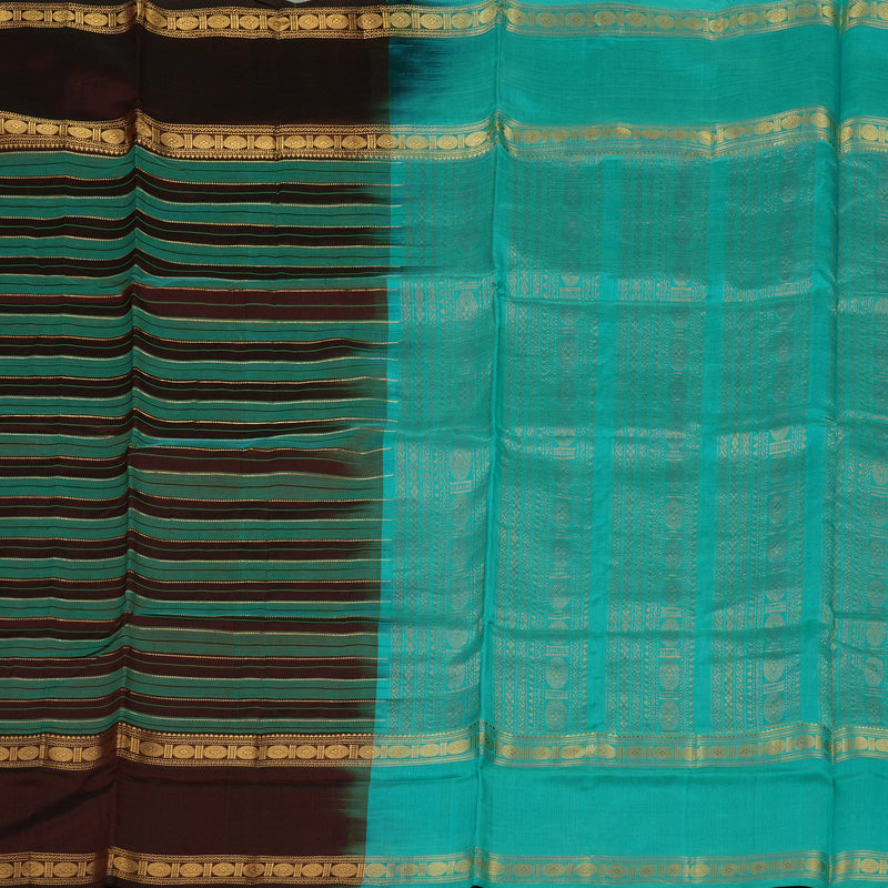 Hayagrivas Deep Brown & Teal stripes Pure Silk Cotton Saree KBE1723K9-5