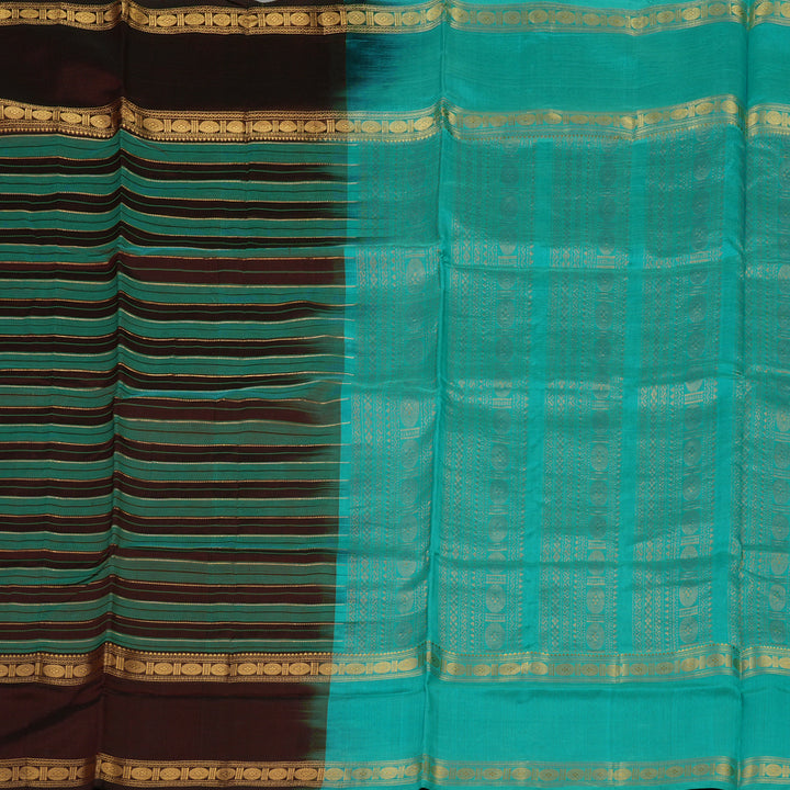 Hayagrivas Deep Brown & Teal stripes Pure Silk Cotton Saree KBE1723K9-5