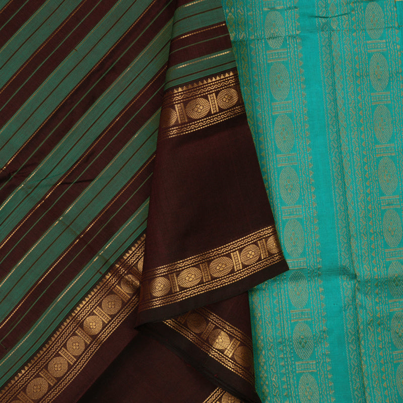 Hayagrivas Deep Brown & Teal stripes Pure Silk Cotton Saree KBE1723K9-5