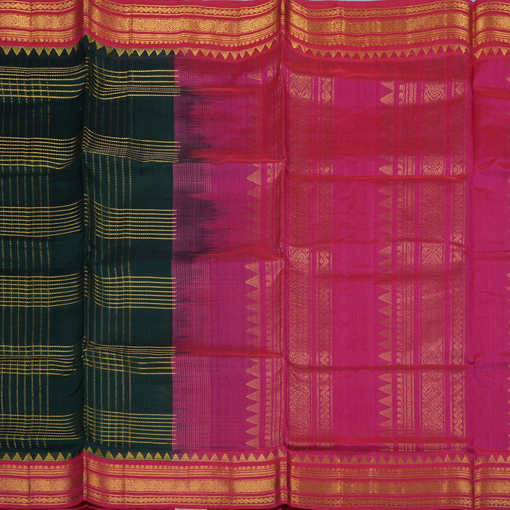 Hayagrivas Bottle Green Pure Silk Cotton Saree with Pink Border KBE1724K6-1